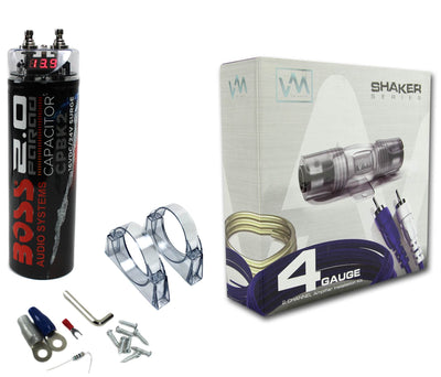Boss CPBK2 2 Farad Car Digital Voltage Capacitor Power Audio Cap + 4 Ga Amp Kit