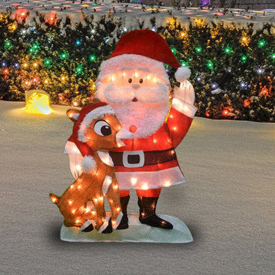 ProductWorks 32 Inch Pre Lit Santa & 18 Inch Rudolph Christmas Yard Decorations