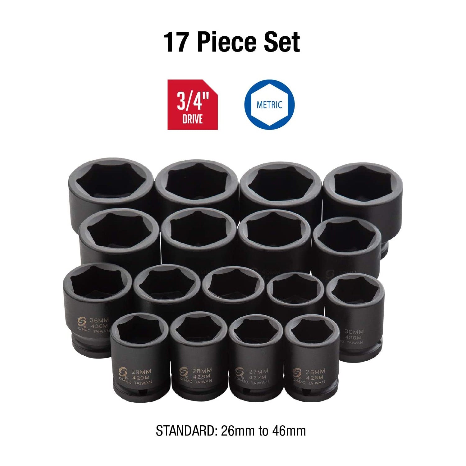 Sunex Tools 4684 17 Piece Metric Impact Socket Set with Case, 3/4 Inch Drive