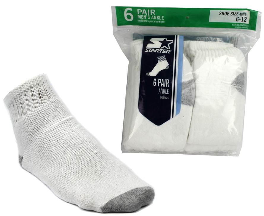 6 Pairs Starter SM48026 Men's Ankle Socks Shoe White - Size 6-12- Open Bag