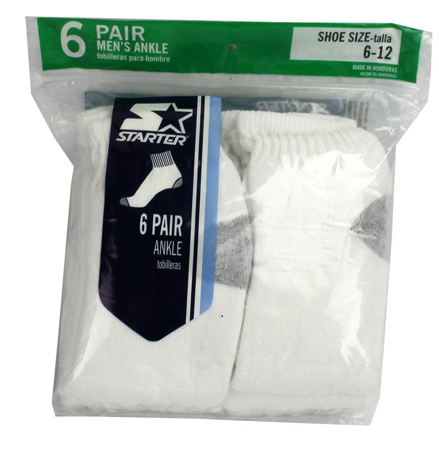 6 Pairs Starter SM48026 Men's Ankle Socks Shoe White - Size 6-12- Open Bag