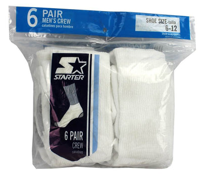6 Pairs New Starter SM86026 Men's Crew Socks Shoe White -Size 6-12 - Open Bag