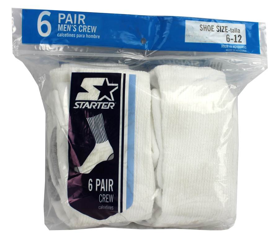 6 Pairs New Starter SM86026 Men's Crew Socks Shoe White -Size 6-12 - Open Bag