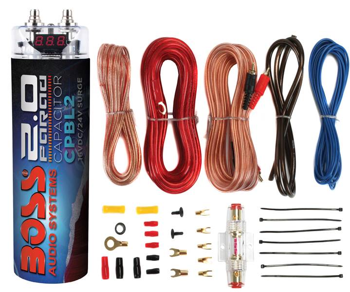 Boss CPBL2 2 Farad Car Digital Voltage Capacitor Power Audio Cap+8 Ga Amp Kit