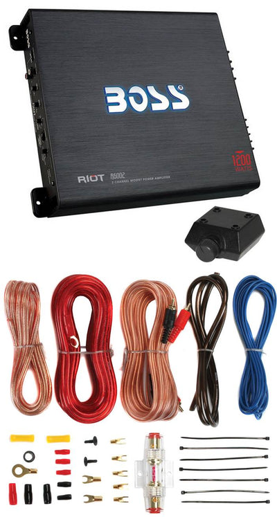 BOSS R6002 1200W 2-Channel Car Audio Amplifier, Remote, 8 Gauge Amp Kit Install