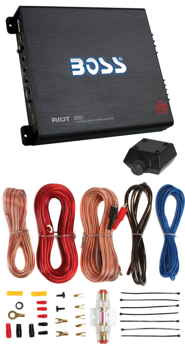 BOSS R6002 1200W 2-Channel Car Audio Amplifier, Remote, 8 Gauge Amp Kit Install