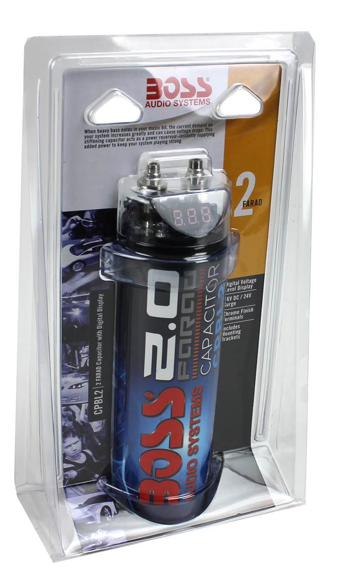 Boss CPBL2 2 Farad Car Digital Voltage Capacitor Power Audio Cap + 4 Ga Amp Kit