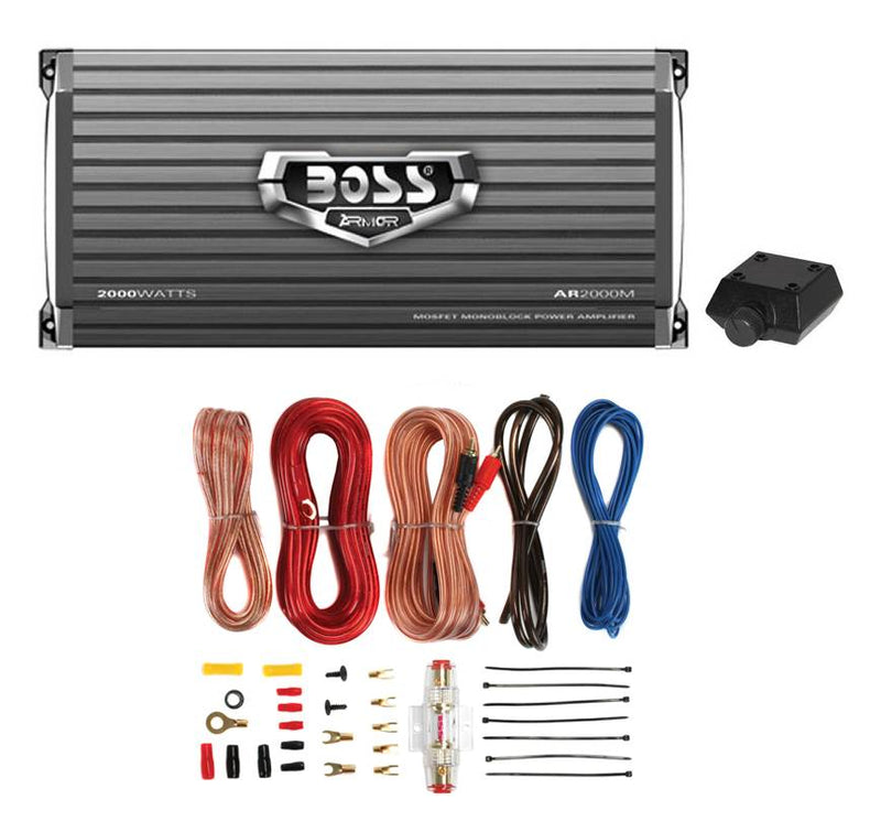 Boss Armor AR2000M 2000W Mono Car Audio Amplifier & Amp Wire Kit & Bass Remote