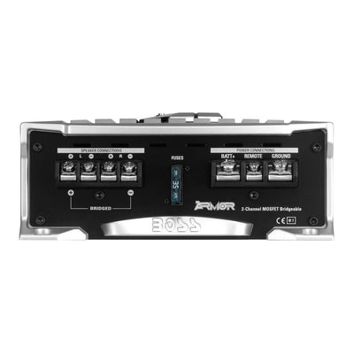 Boss Armor 1200 Watt 2 Channel Amplifier with Level Remote and 8 Gauge Wire Kit
