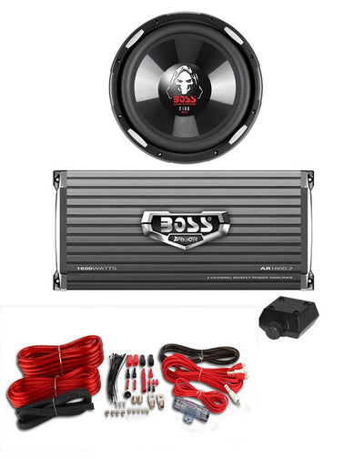 BOSS P106DVC 10" 2100W Subwoofer Sub + AR16002 1600W 2-Ch Amp + 4 Gauge Amp Kit