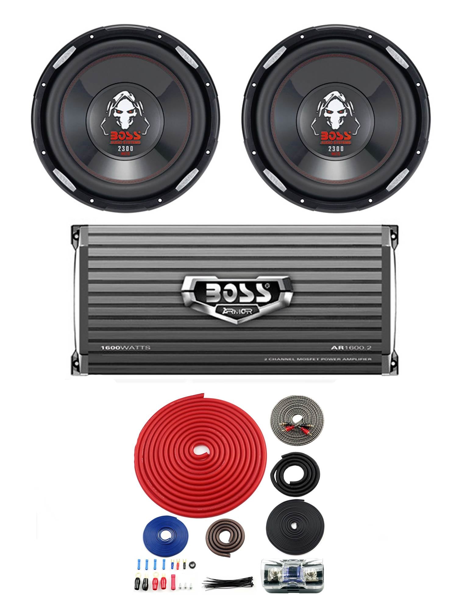 2 BOSS P126DVC 12" 2300W Car Subwoofers Subs + 1600W 2-Ch Amp + 4 Gauge Amp Kit