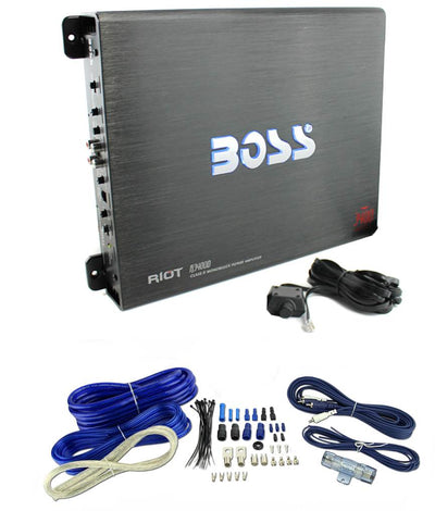 BOSS R3400D Riot 3400W MonoD Car Audio Power Amplifier+Remote + 4 Gauge Amp Kit