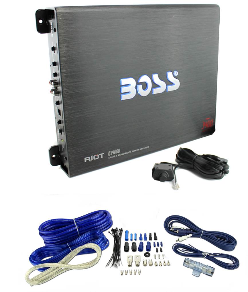 BOSS R3400D Riot 3400W MonoD Car Audio Power Amplifier+Remote + 4 Gauge Amp Kit