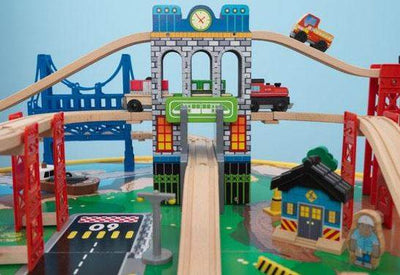 KidKraft City Explorer Wooden Train Set & Play Table w/ 80 Toy Pieces - Open Box