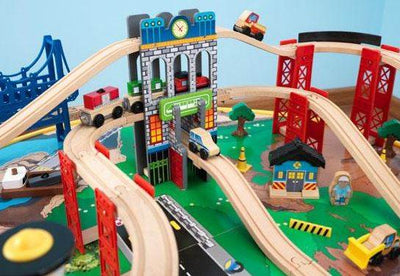KidKraft City Explorer Wooden Train Set & Play Table w/ 80 Toy Pieces - Open Box