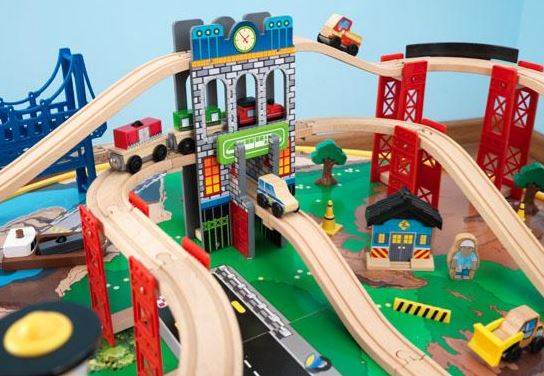 KidKraft City Explorer Wooden Train Set & Play Table w/ 80 Toy Pieces - Open Box