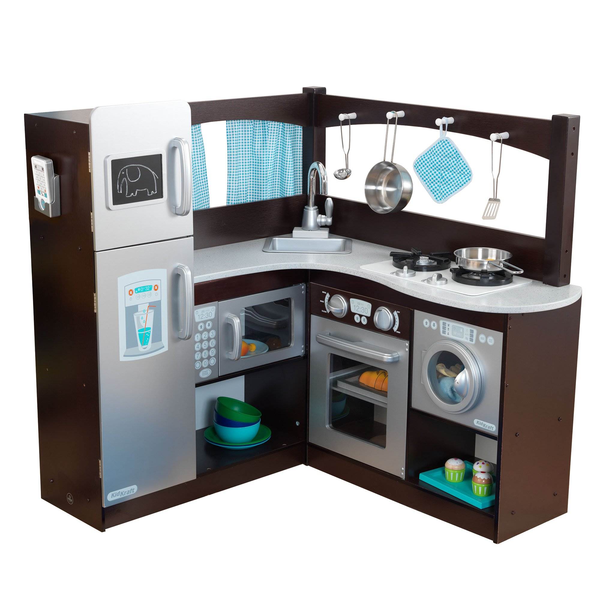 Gourmet Uptown Espresso Corner Wood Play Kitchen & Metal Cookware (Open Box)