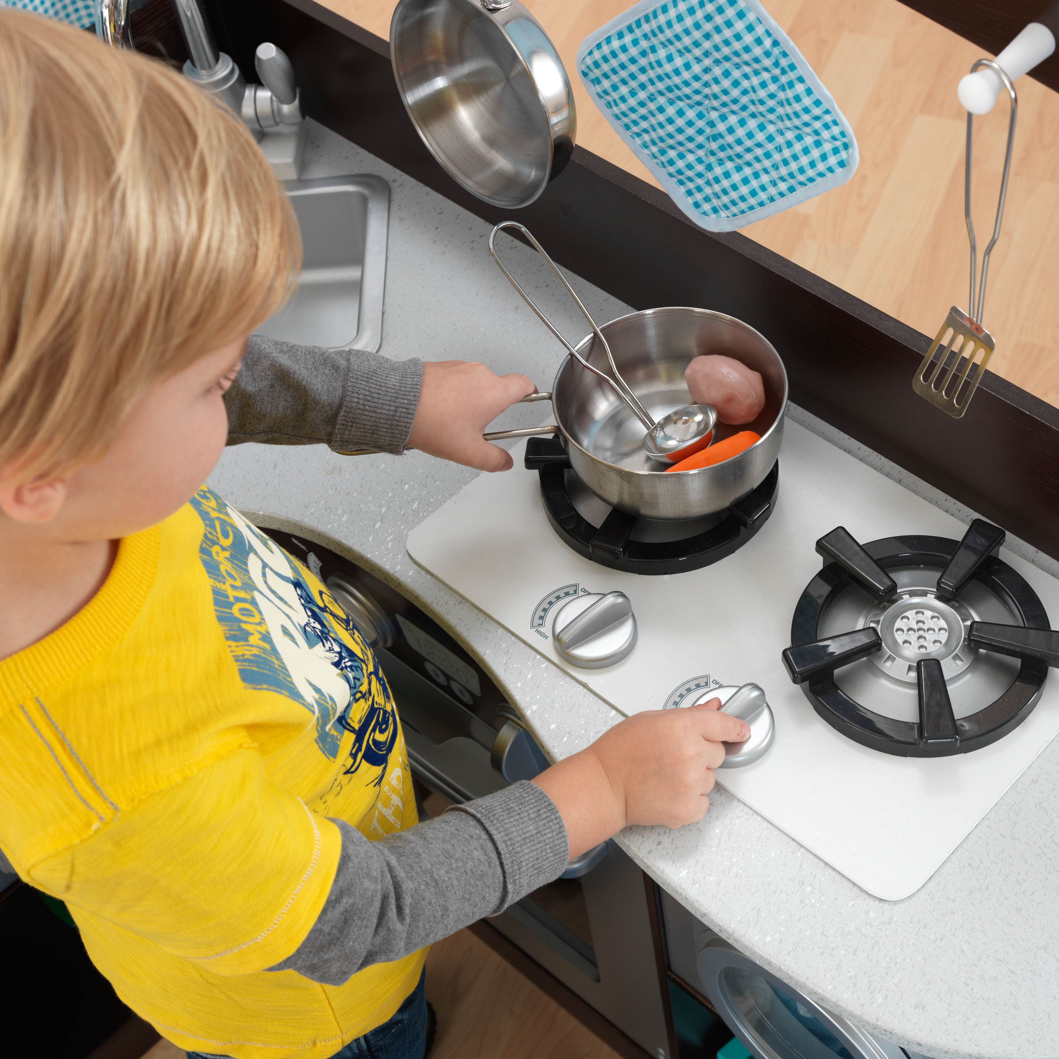 KidKraft Grand Gourmet Uptown Espresso Corner Wood Play Kitchen & Metal Cookware