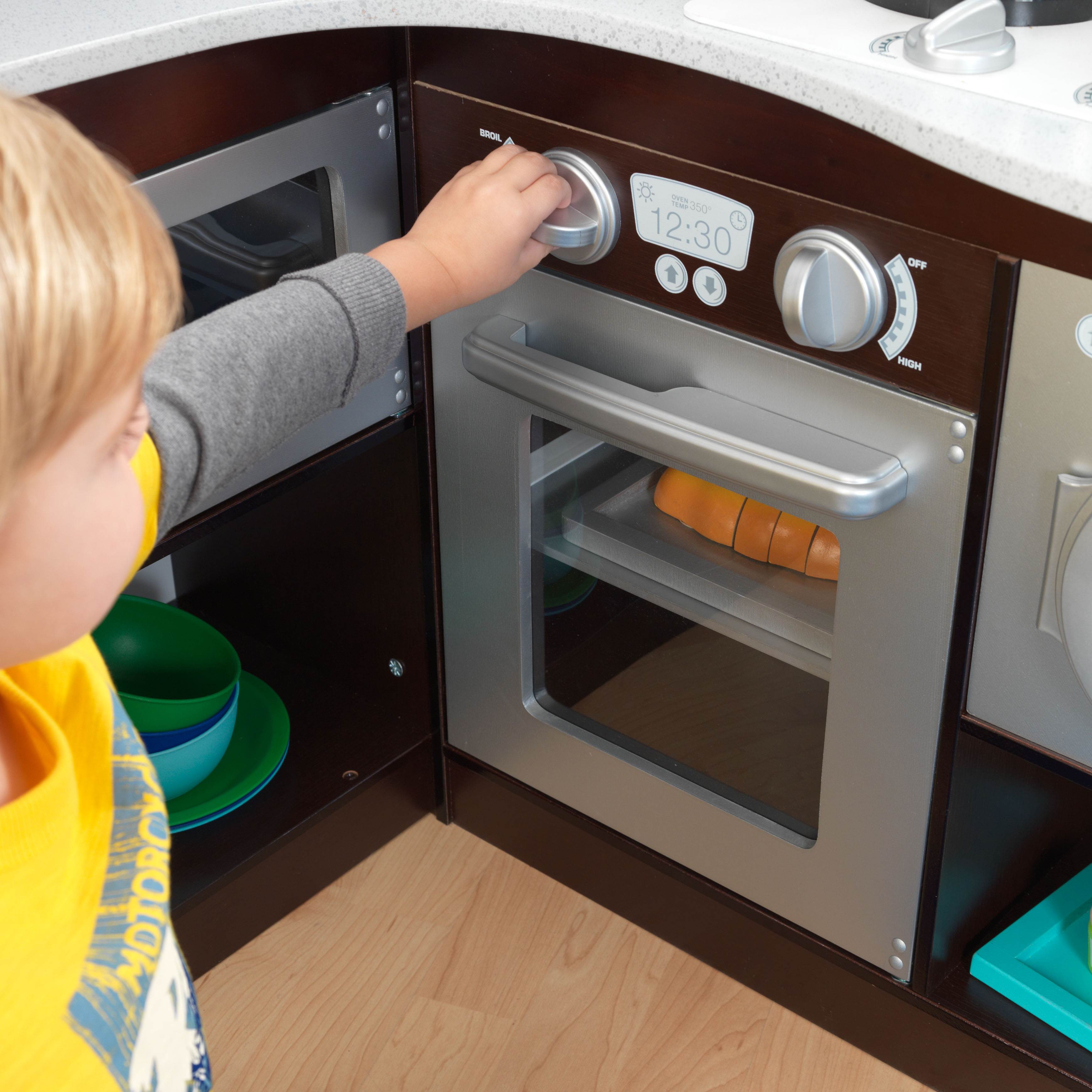 KidKraft Grand Gourmet Uptown Espresso Corner Wood Play Kitchen & Metal Cookware