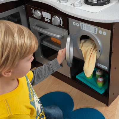 KidKraft Grand Gourmet Uptown Espresso Corner Wood Play Kitchen & Metal Cookware