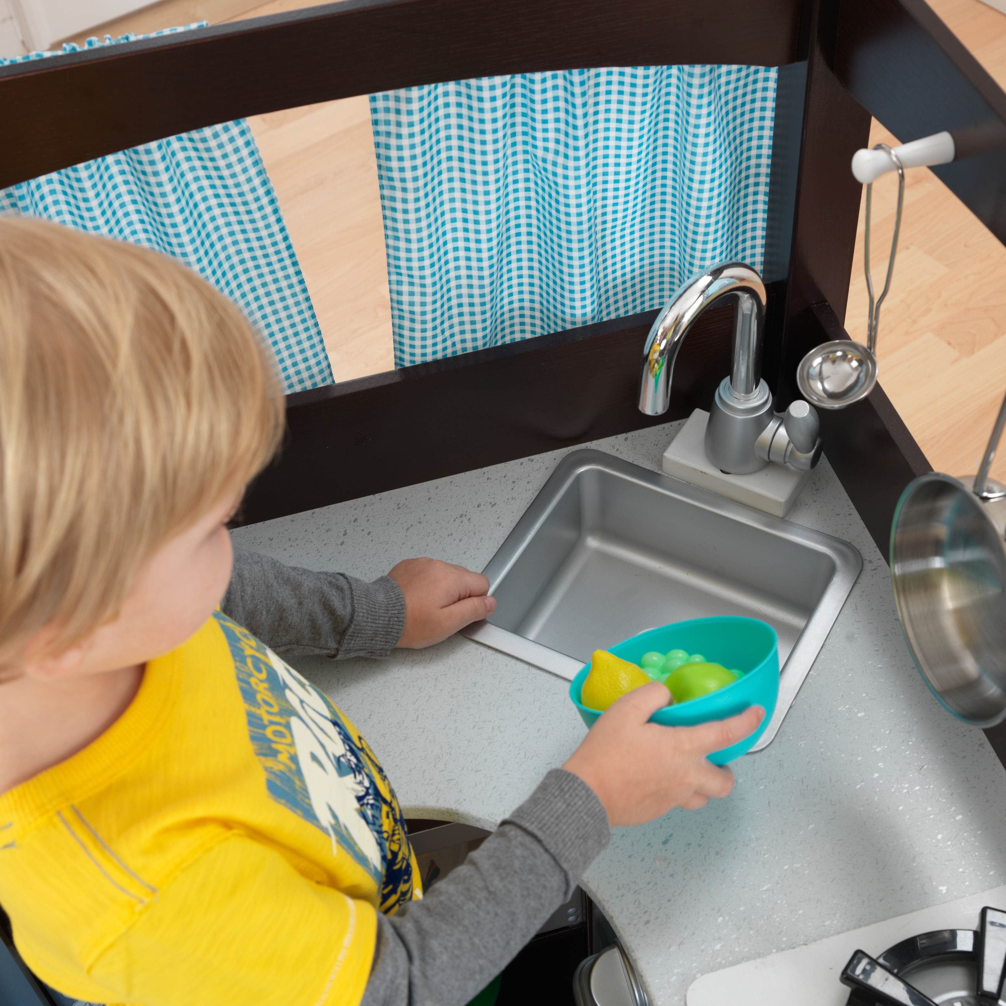 KidKraft Grand Gourmet Uptown Espresso Corner Wood Play Kitchen & Metal Cookware