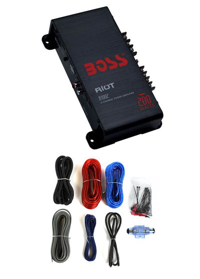 BOSS R1002 200W 2-Channel RIOT Car Audio Power Amplifier Amp + 8 Gauge Amp Kit