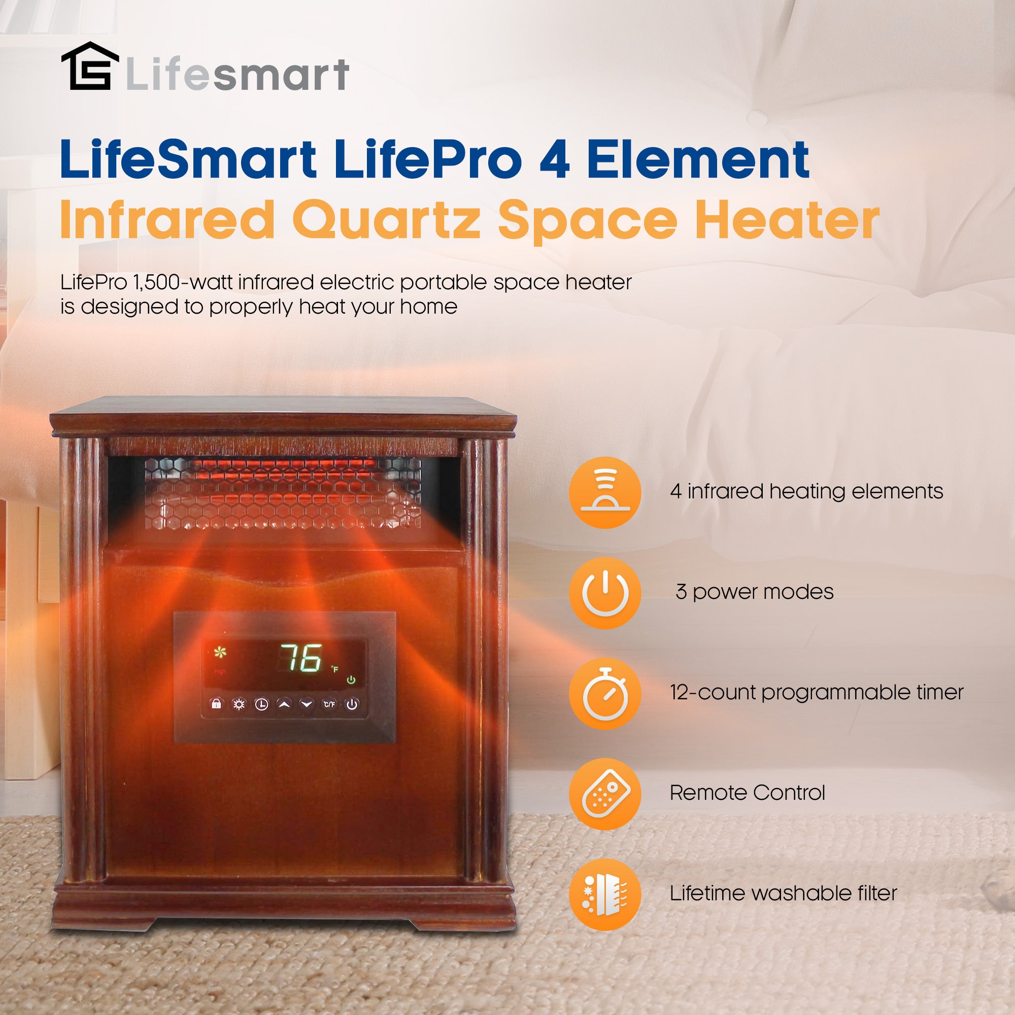 Lifesmart 4 Element 1500W Portable Electric Infrared Quartz Space Heater (Used) - VMInnovations