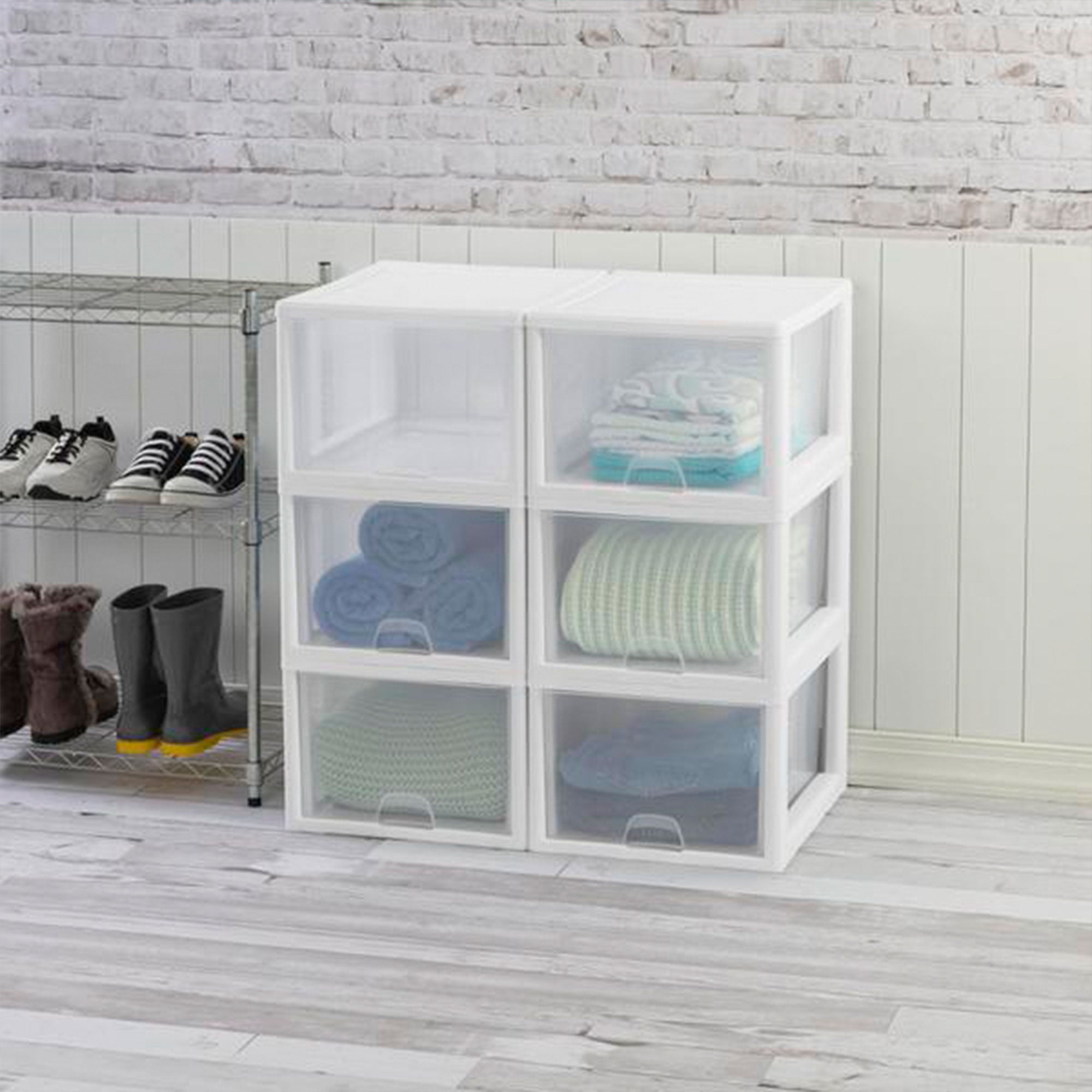 Sterilite 27 Quart Clear & White Plastic Storage Bin with One Drawer, 24 Pack - VMInnovations