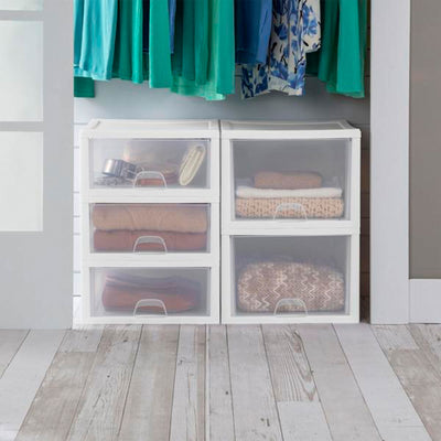 Sterilite 27 Quart Clear & White Plastic Storage Bin with One Drawer, 20 Pack - VMInnovations