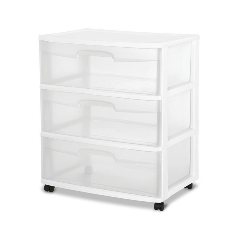 Sterilite Wide 3 Drawer Rolling Storage Cart Container, Clear with White Frame