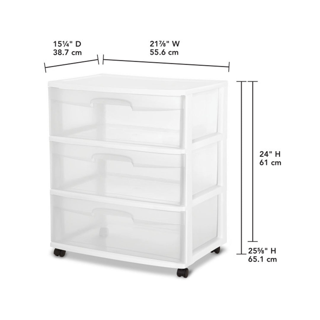 Sterilite Wide 3 Drawer Storage, Plastic Rolling Organization Cart, White Frame