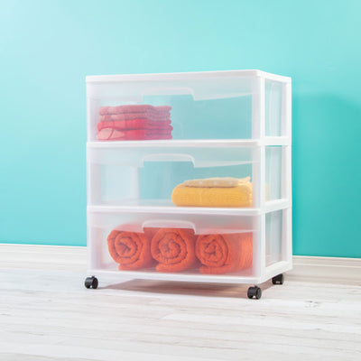 Sterilite Wide 3 Drawer Rolling Storage Cart Container, Clear with White Frame