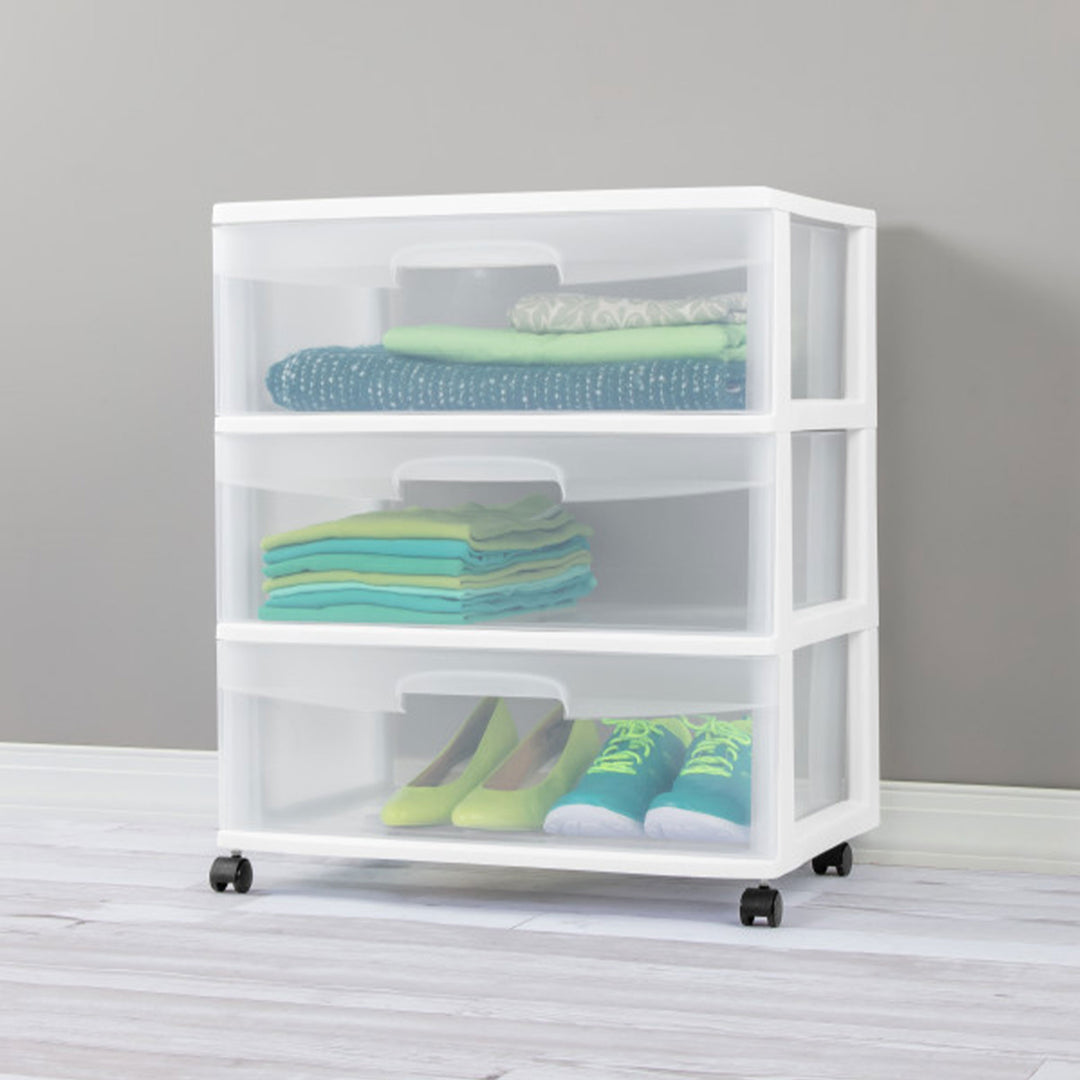 Sterilite Wide 3 Drawer Storage, Plastic Rolling Organization Cart, White Frame