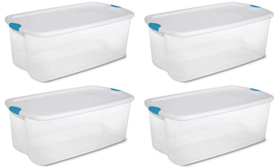 4) Sterilite 18898004 106-Quart Clear Storage Tote Box W/Latching Lid - Open Box