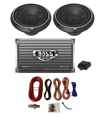 Rockford Fosgate P2D210 10" 1200W Subs + Boss AR1500M 1500W Amp + Amp Kit (2 Pack)