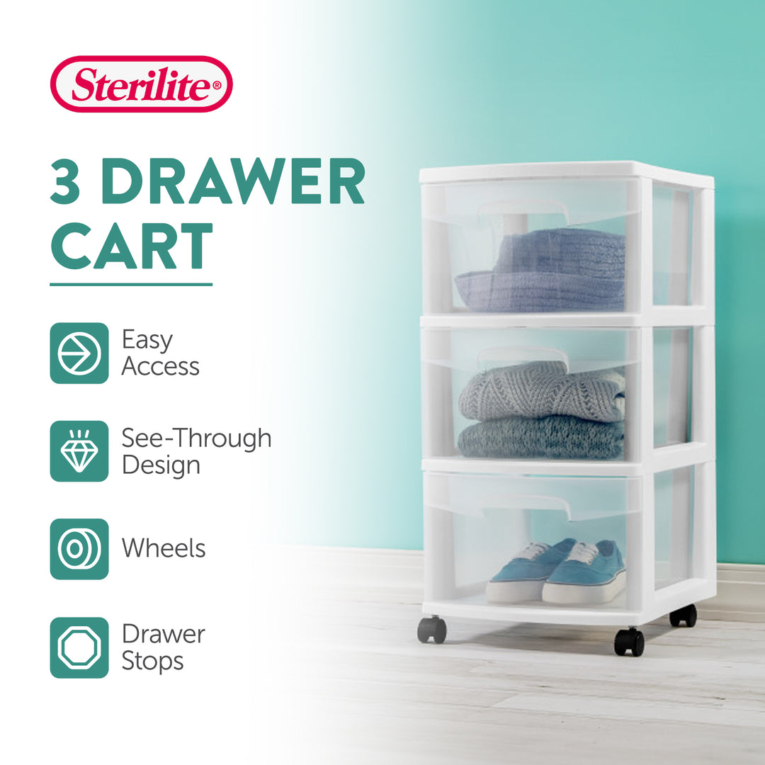 Sterilite 3 Drawer Storage Cart, Plastic Rolling Organizer with Wheels, 2 Pack