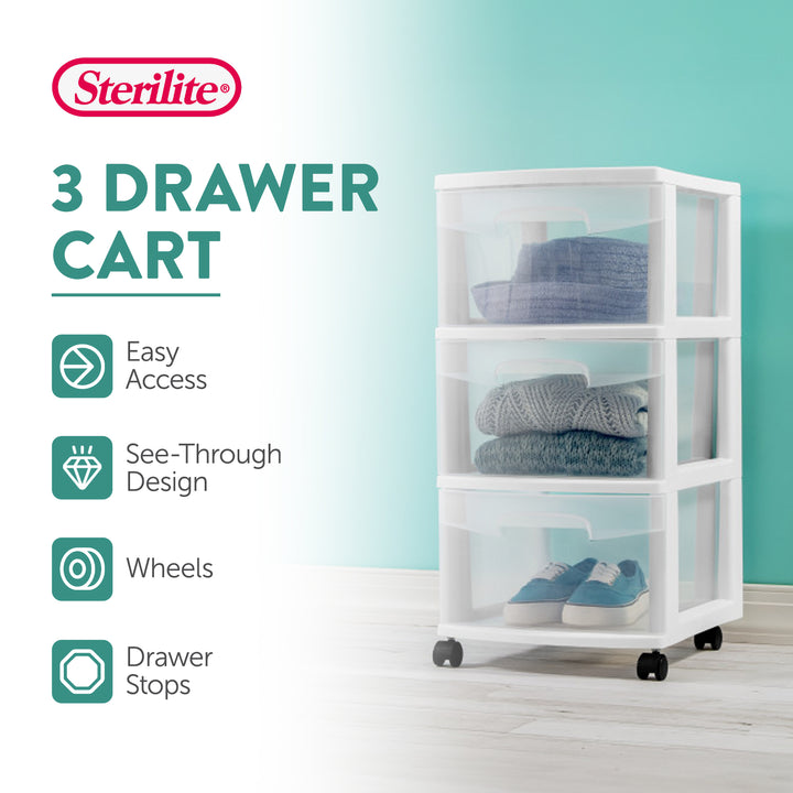 Sterilite 3 Drawer Storage Cart, Plastic Rolling Organizer with Wheels, 8 Pack