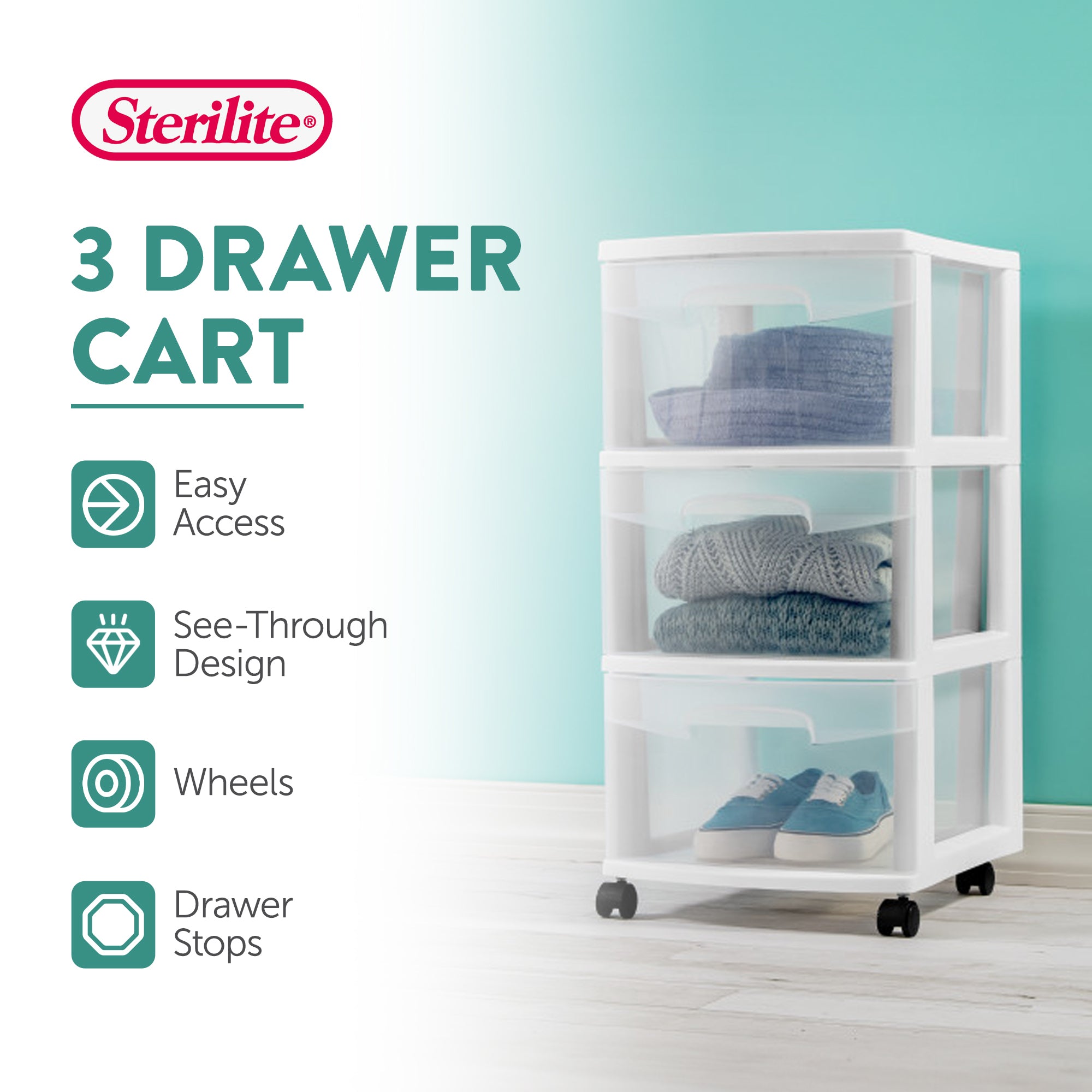 Sterilite 3 Drawer Storage Cart, Plastic Rolling Organizer with Wheels, 4 Pack