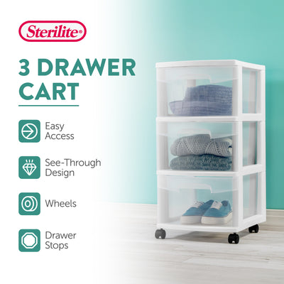 Sterilite 3 Drawer Storage Cart, Plastic Rolling Organizer with Wheels, 8 Pack