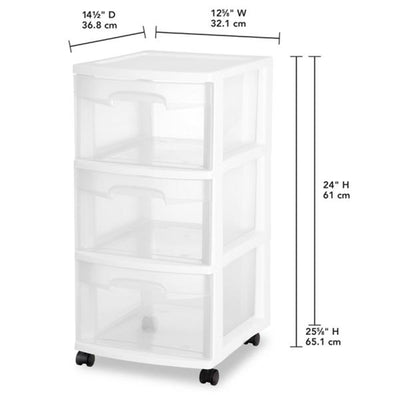 Sterilite 3 Drawer Storage Cart, Plastic Rolling Organizer with Wheels, 2 Pack