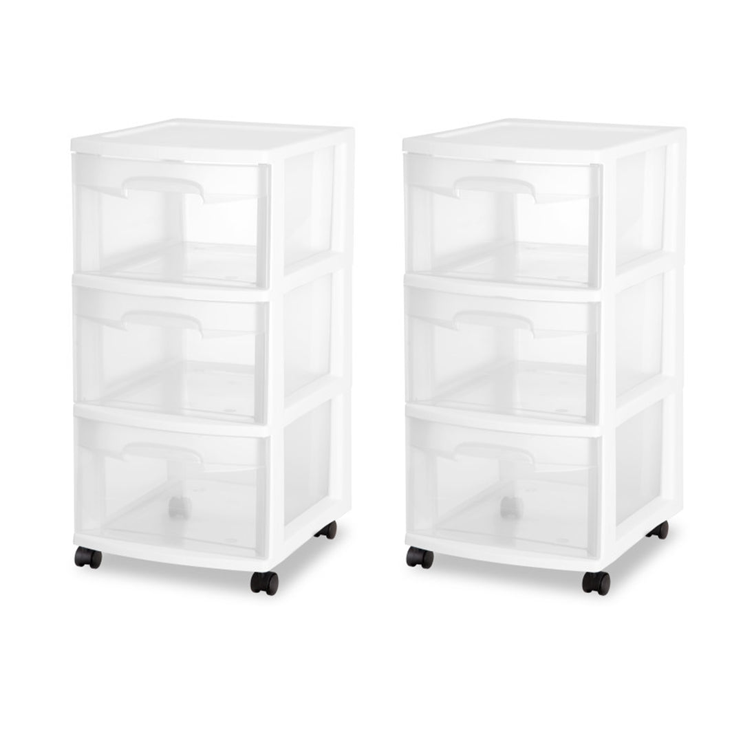 Sterilite 3 Drawer Storage Cart, Plastic Rolling Organizer with Wheels, 2 Pack