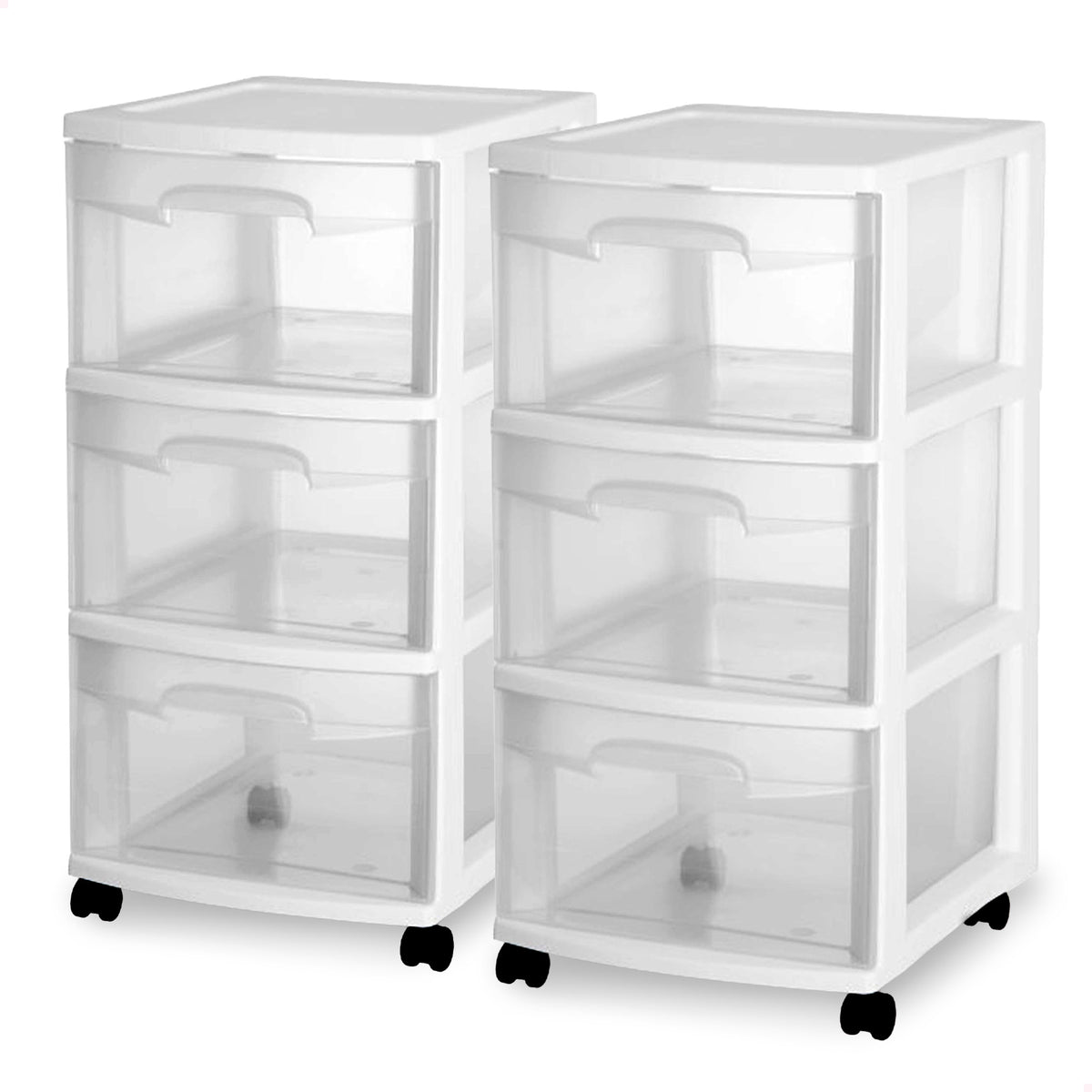 Sterilite 3 Drawer Storage Cart, Plastic Rolling Organizer with Wheels, 2 Pack