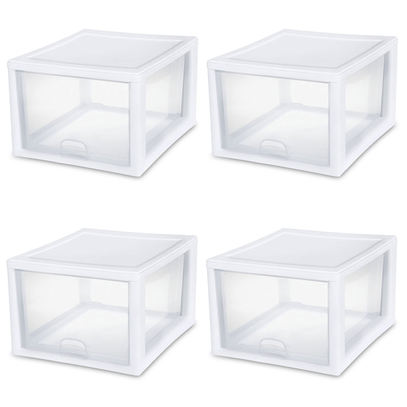 Sterilite 27 Quart Clear & White Plastic Storage Bin with One Drawer, 8 Pack