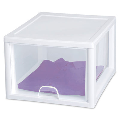 Sterilite 27 Quart Clear & White Plastic Storage Bin with One Drawer, 8 Pack