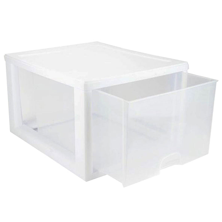 Sterilite 27 Quart Clear & White Plastic Storage Bin with One Drawer, 16 Pack