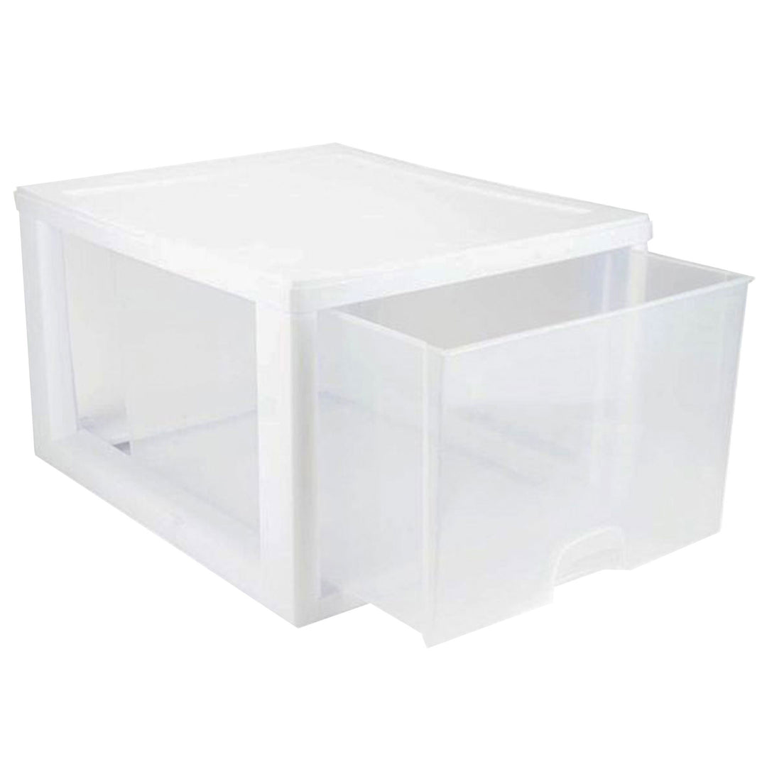 Sterilite 27 Quart Clear & White Plastic Storage Bin with One Drawer, 8 Pack