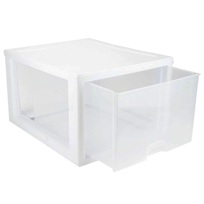 Sterilite 27 Quart Clear & White Plastic Storage Bin with One Drawer, 16 Pack