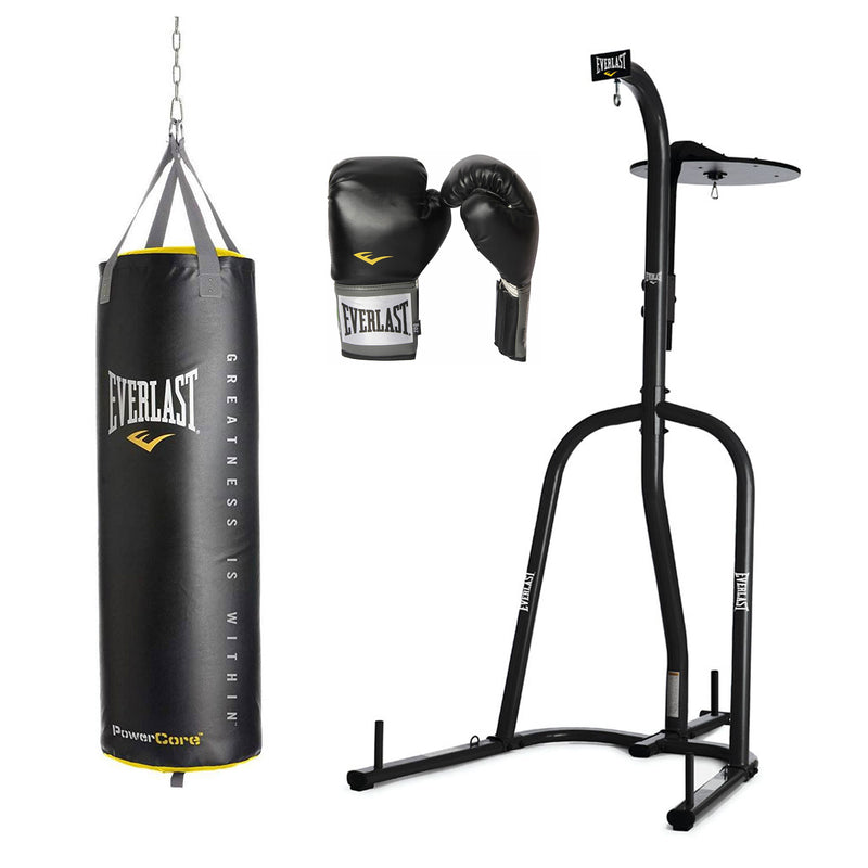 Everlast 2 Station Bag Stand, Powercore 80lb Hanging Bag, & 16 Oz Boxing Gloves