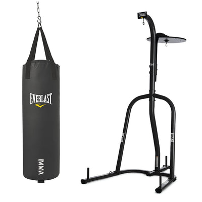 Everlast Dual Station Bag Stand and MMA 70 Pound Polycanvas Hanging Bag, Black