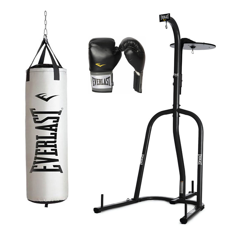 Everlast Dual Bag Stand, NevaTear 70 Pound Punching Bag, & 16 Ounce Mesh Gloves